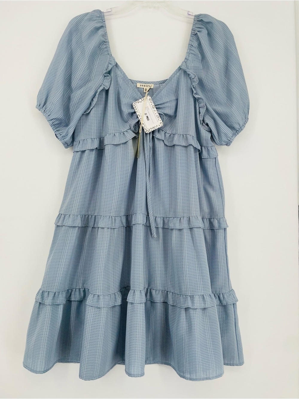 Women’s Blue Tiered Puff-Sleeve Dress - Casual Summer Style, Size Medium